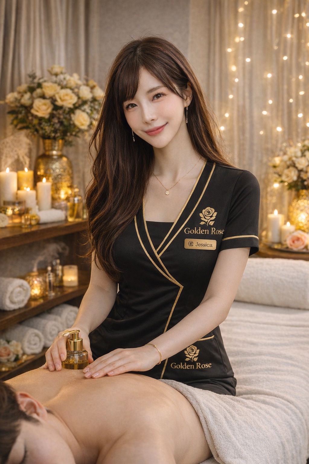 Golden Rose therapist with massage oil