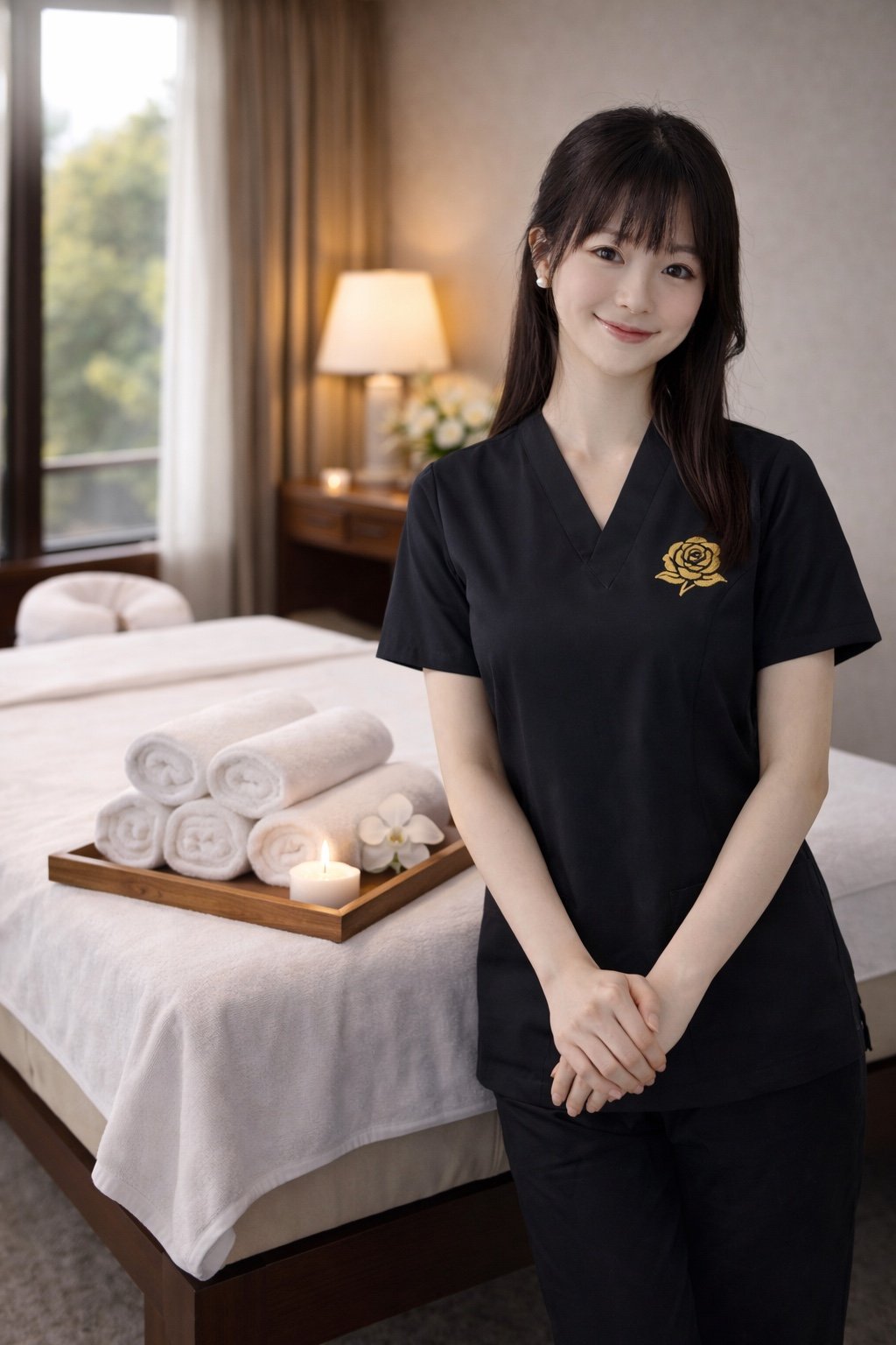 Golden Rose therapist beside a prepared massage table